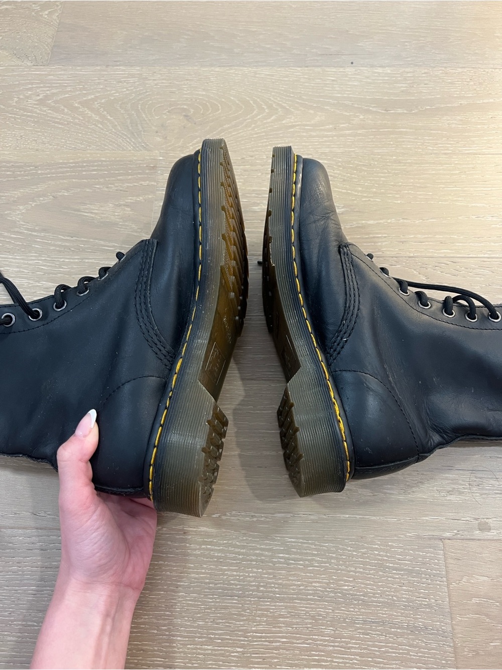 Dr. Martens Black Leather Lace-Up Boots with Yellow Stitching - Picture 3 of 4
